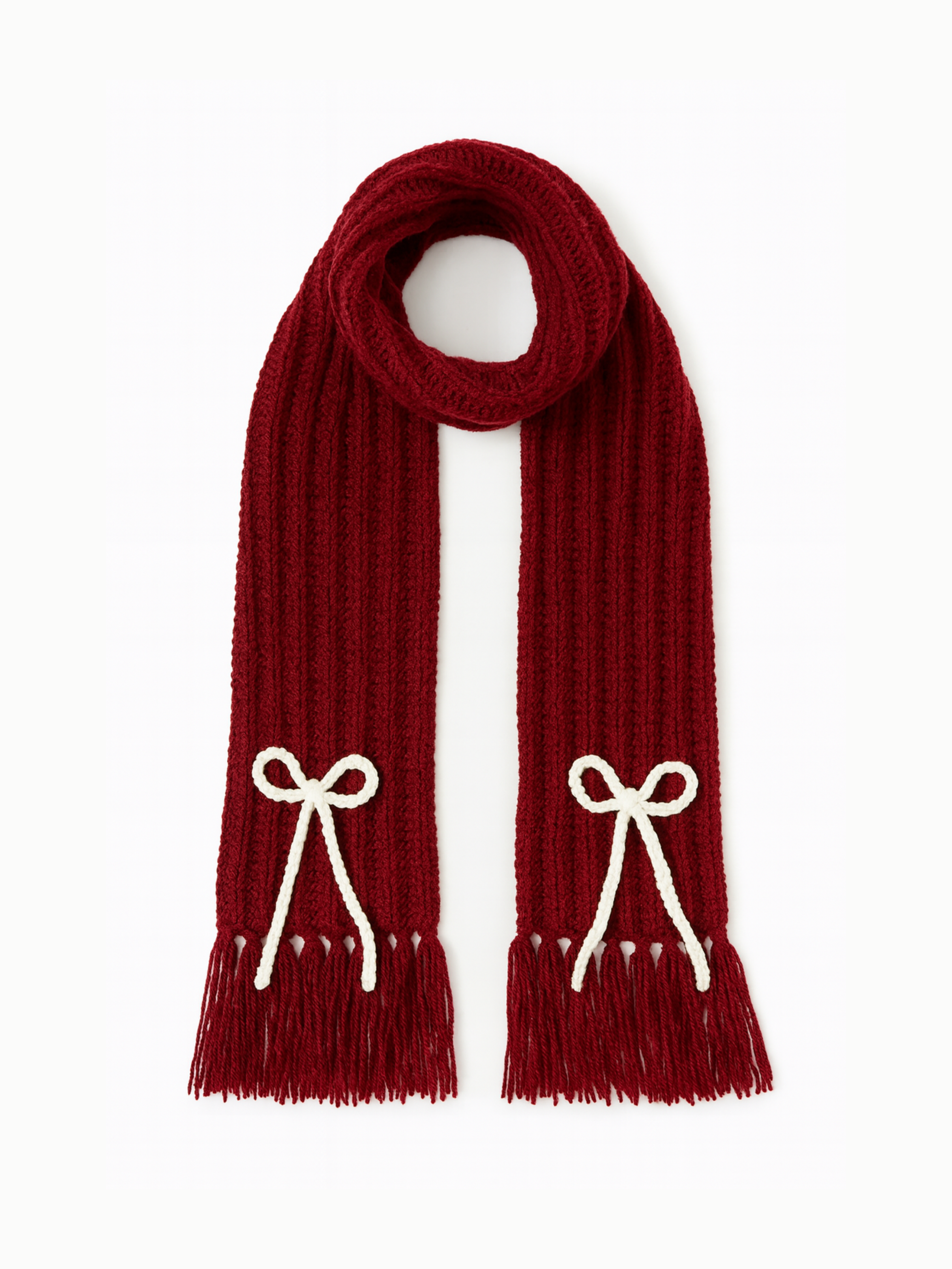 Mikasa Bordo El Örgüsü Atkı – Beyaz Düğümlü